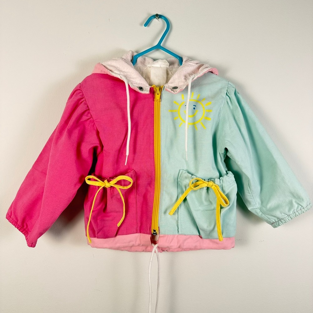 Vintage ISPO KIDS by Dana Colorblock Sun Graphic Hooded Jacket Pink‎ Teal 90s